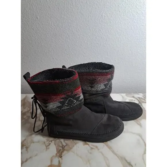 Toms Aztec NEPAL Gray Suede Leather Faux Fur Moccasins Boots S8 - Picture 4 of 6